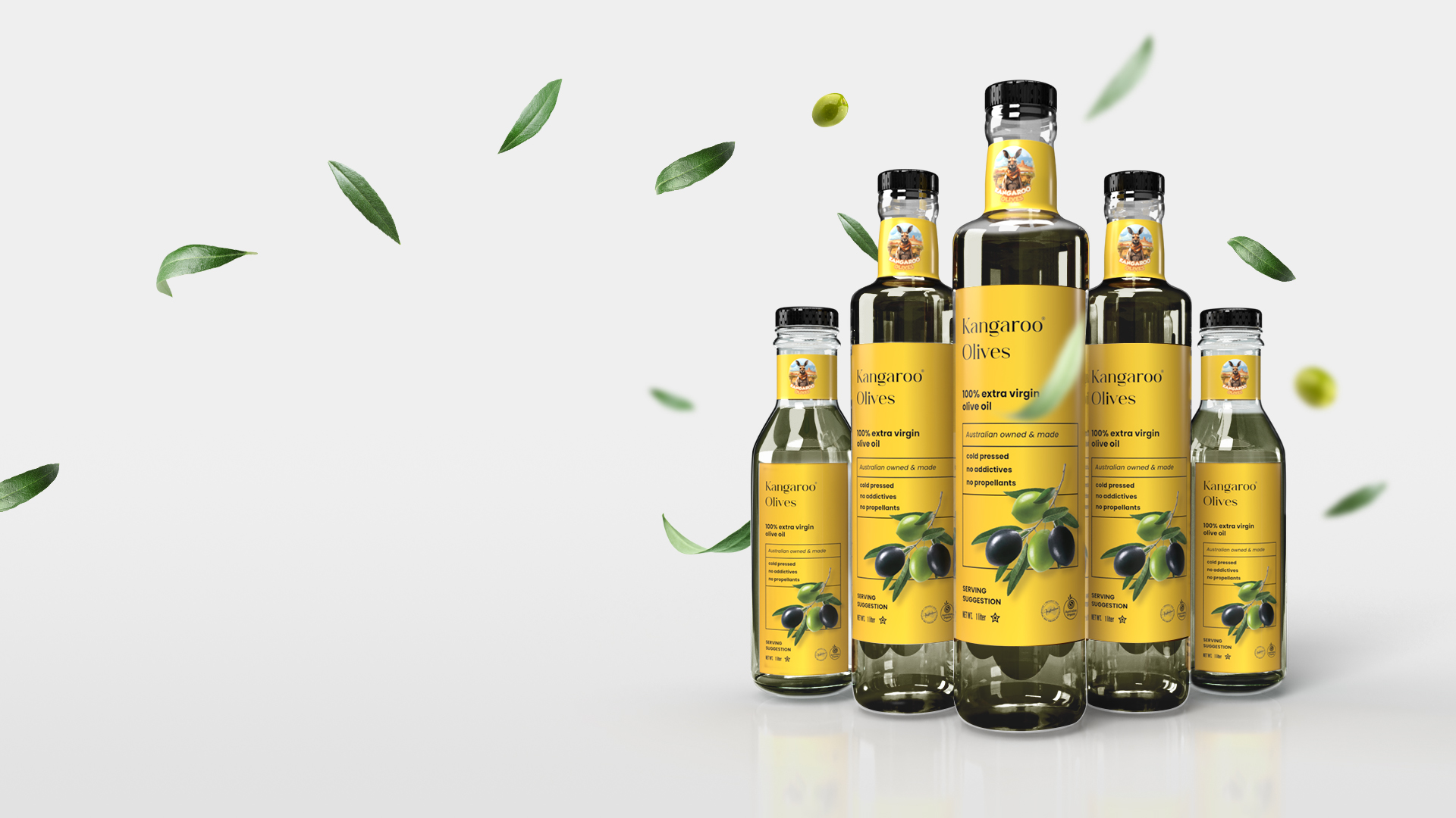 Kangaroo Olive Oil premium extra virgin olive oil products displayed in Australian countryside