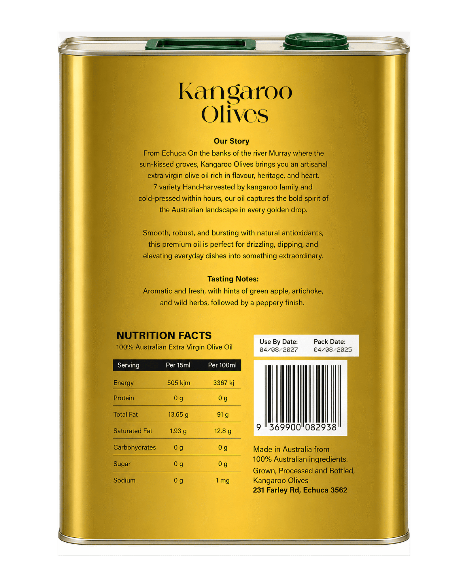 Kangaroo Olives 10L extra virgin olive oil container, back label