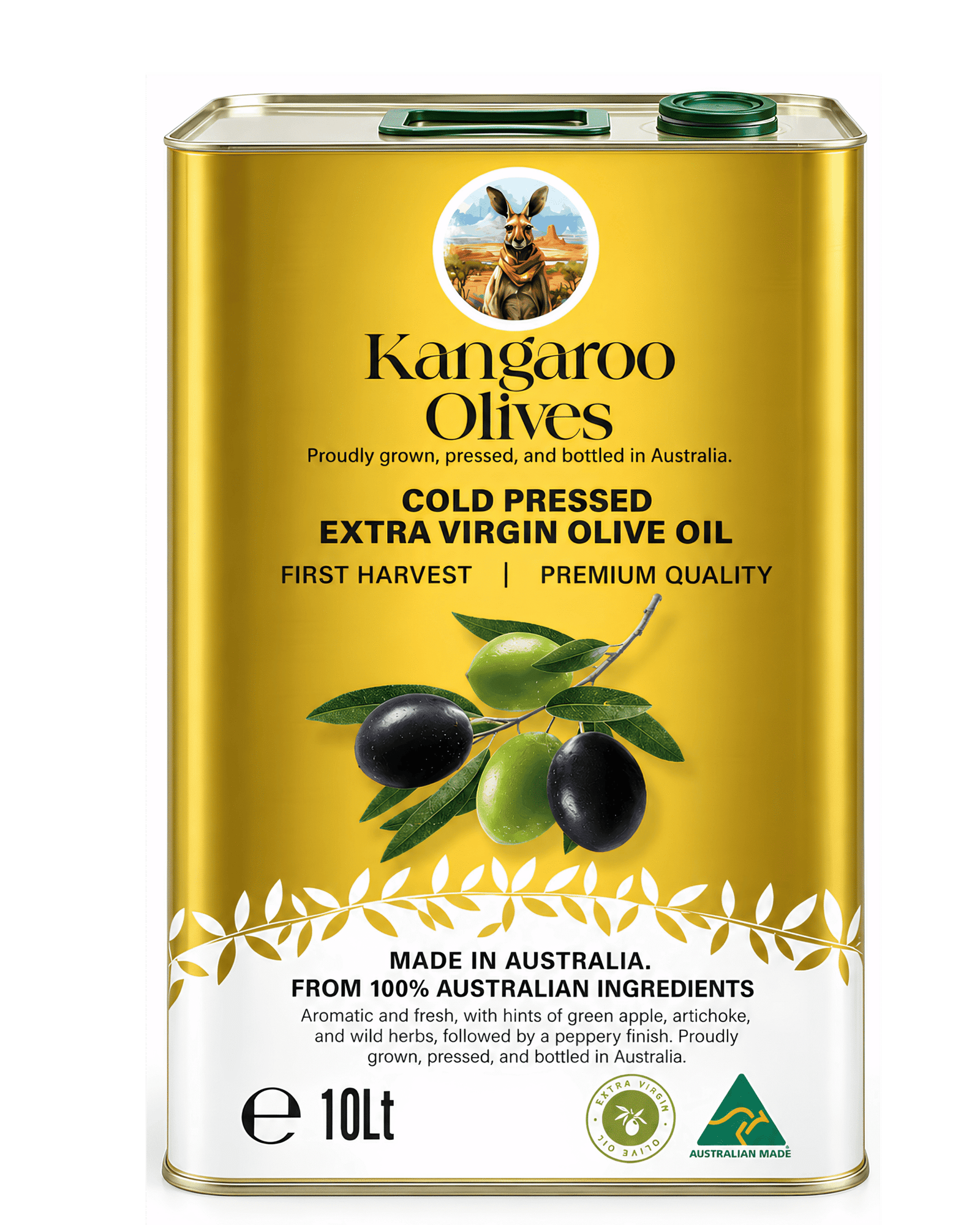 Kangaroo Olives 10L Australian extra virgin olive oil container, front view
