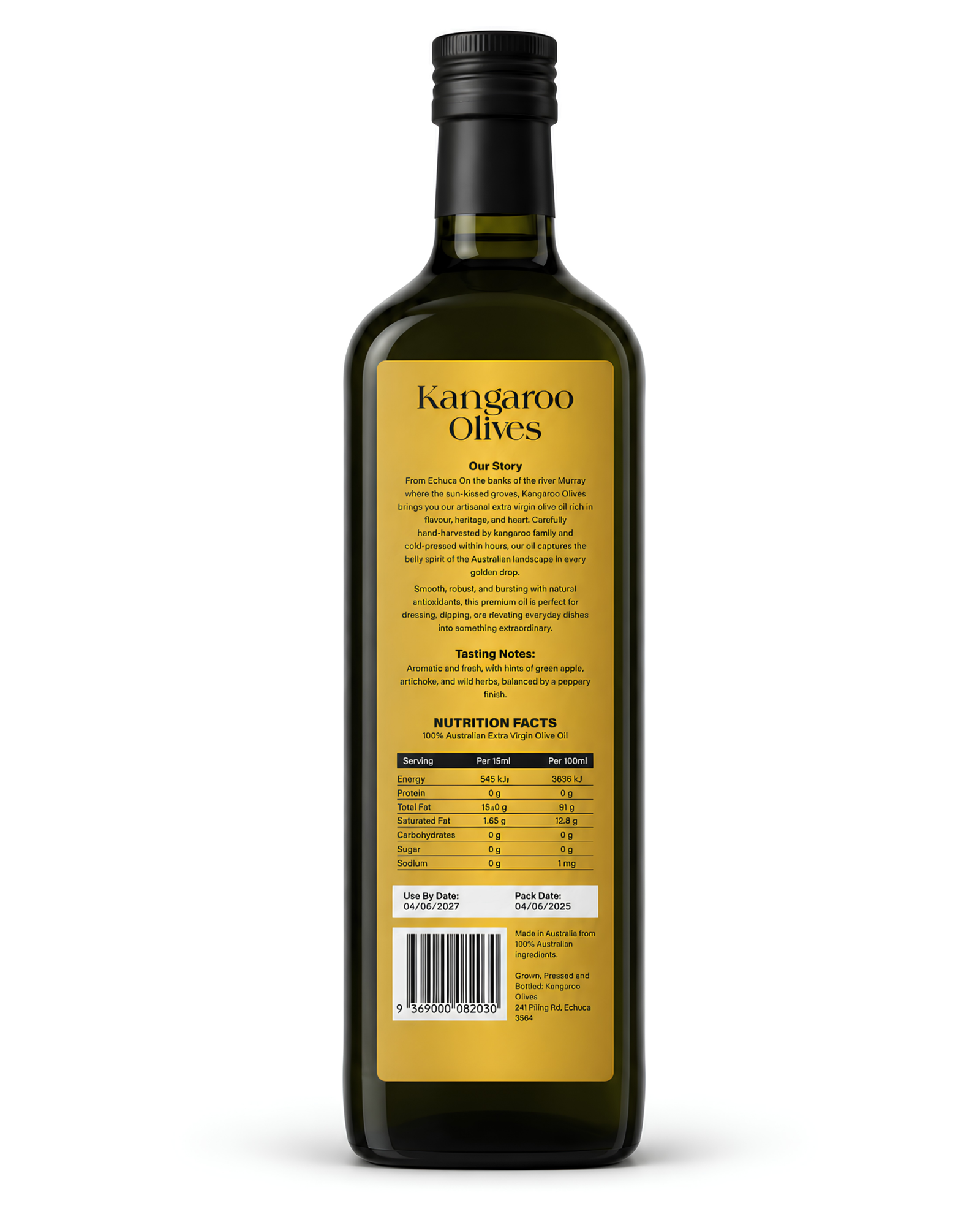 Kangaroo Olives 1L extra virgin olive oil bottle, back label